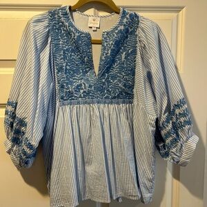 Blue Embroidered Striped Blouse